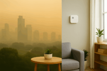Indoor air monitored by IAQ monitor contrasted with outoor dirty city air